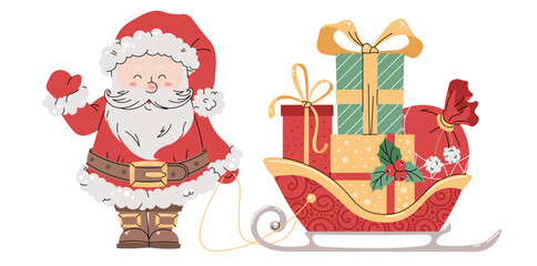 Santa Claus with a sleigh filled with gift boxes on an isolated background. Incl. Christmas illustration for card and sticker design