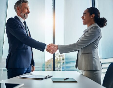 Collaboration and teamwork are shown through handshakes during agreements, consultations, or introductions in meetings.