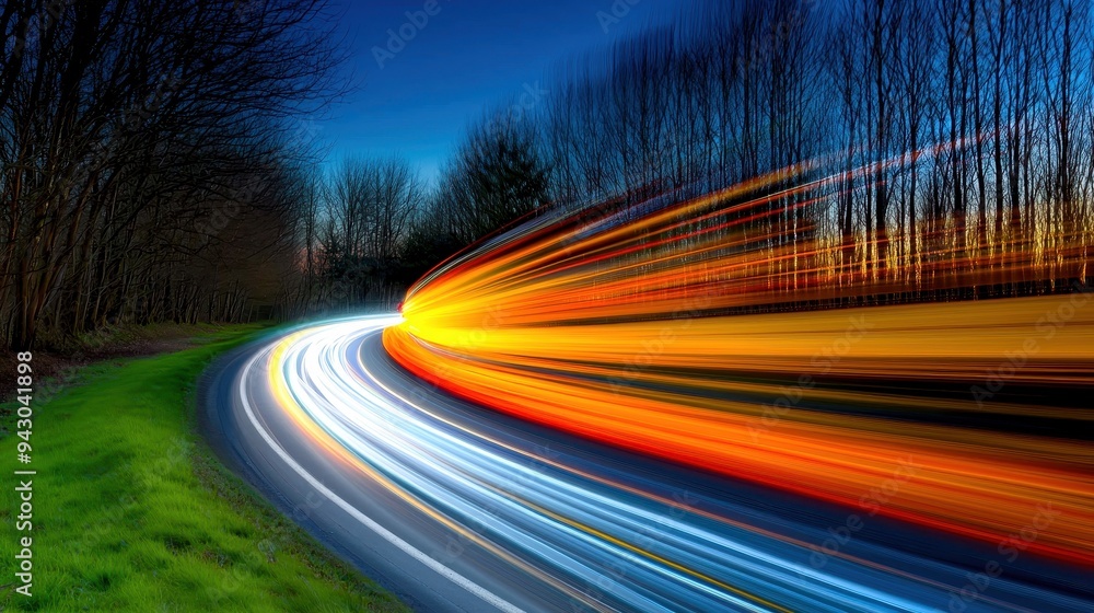 Poster Dynamic light trails on a winding road, capturing movement in motion against a twilight backdrop with blurred tree silhouettes.