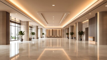 Opulent Empty Reception Hall with Expansive Layout, Modern Architectural Details, and Subtle Lighting Accents
