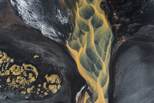 Aerial view of the scenic Holtsos River patterns in Iceland