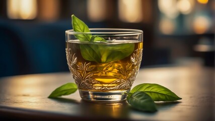 Basil Tea in a Glass Cup. Green Tea. Bio Food. Natural Remedies. Life-Saving Plants. Traditional Medicine. Medicinal Plants. Basile. Natural Antioxidants. Fresh Tea Herbs. Cup of Tea.