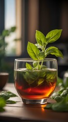 Basil Tea in a Glass Cup. Green Tea. Bio Food. Natural Remedies. Life-Saving Plants. Traditional Medicine. Medicinal Plants. Basile. Natural Antioxidants. Fresh Tea Herbs. Cup of Tea.