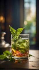 Basil Tea in a Glass Cup. Green Tea. Bio Food. Natural Remedies. Life-Saving Plants. Traditional Medicine. Medicinal Plants. Basile. Natural Antioxidants. Fresh Tea Herbs. Cup of Tea.