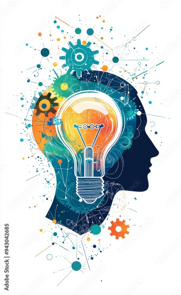 Poster minimalistic light bulb with gears inside representing concepts of innovation and creative thinking
