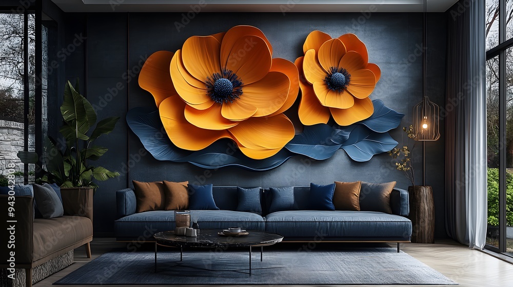 Wall mural A large orange and blue flower mural is on the wall of a living room. The room is furnished with a blue couch and a coffee table. The room has a modern and sophisticated feel