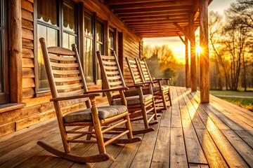 Rustic wooden rocking chairs on cozy cabin porch, warm afternoon sunlight, soft focus, comforting mood, warm beige tones, serenity concept