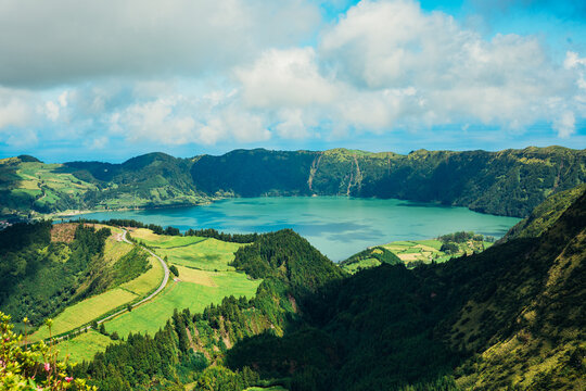 Scenic view of Lagoa das Sete Cidades in the Azores