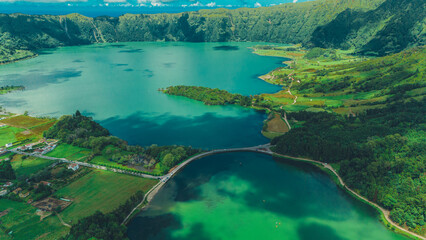 Aerial view of Sete Cidades stunning dual lakes in the Azores