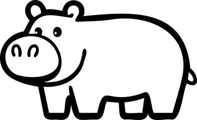A simple, black and white outline of a cute hippopotamus, showcasing its large eyes, wide mouth, and round body. 