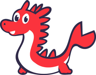 A cheerful dragon with a red body, white belly, and a long tail stands on its hind legs. I