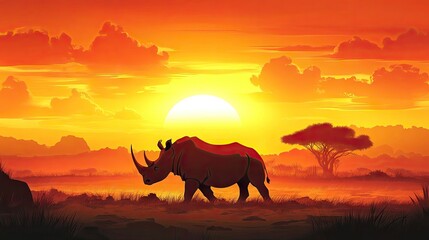 Naklejka premium A rhinoceros silhouette crossing the savanna as the sun sets, with a rocky landscape and vibrant sky providing a breathtaking backdrop.