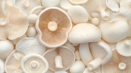 A close up of many white mushrooms. The mushrooms are all different sizes and shapes. Concept of abundance and variety