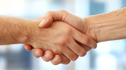 Close-up of hands shaking in front of a blurred office background, representing the finalization of a business agreement.