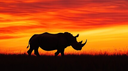 Fototapeta premium Majestic rhinoceros silhouette walking through the savanna at dusk, with the fiery colors of the sunset creating a striking contrast in the wild landscape.