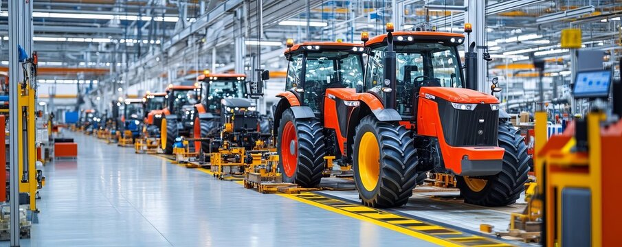 Automated factory assembling smart tractors with advanced technology, modern farming, industrial production