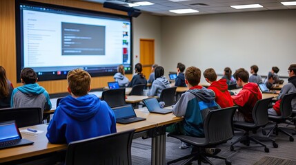 Fototapeta premium Students in a tech-filled classroom, with an empty space on the smartboard for text input.