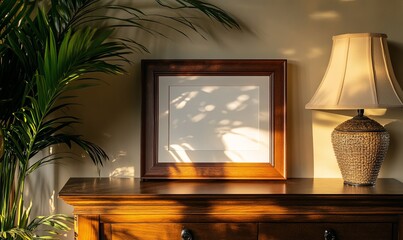 A wide-angle shot of a mahogany wood picture frame positioned on a tastefully decorated console table, with ambient lighting that enhances the frame’s rich mahogany hue and texture