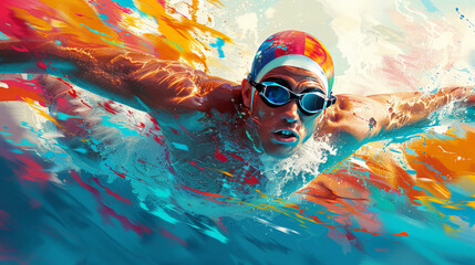 Vibrant illustration of a male swimmer in a freestyle stroke, with colorful watercolor splashes