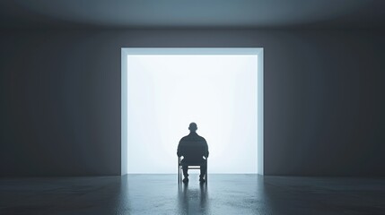 Obraz premium A man sits in a chair in front of a doorway. The room is dark and empty, with only the man and the chair visible. Scene is somber and lonely