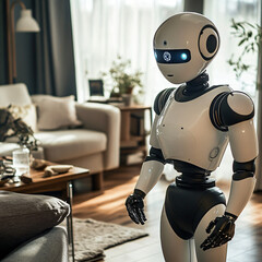 A humanoid robot interacting with a human in a smart home.