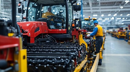 Fototapeta premium Assembly line workers building automated plows in a modern factory, farm machinery, agricultural technology