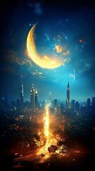 Naklejka premium Bright Moon over City with Glowing Street. Majestic Night Sky and Urban Lights.