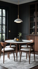 Mid-century modern dining table with four chairs in elegant dining room with dark walls