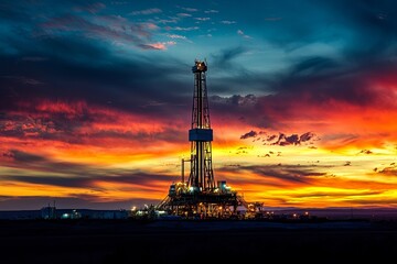 Obraz premium A drilling rig at night, illuminated by floodlights as workers continue operations. The rig is the focal point in the middle of the dark oil field