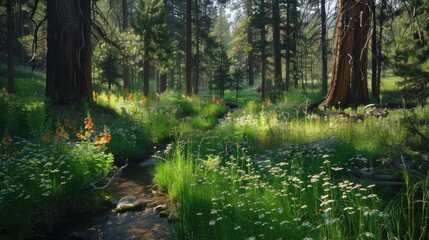 Serene Oasis in the Heart of Nature. Tranquil forest glade with a babbling brook, wildflowers,...