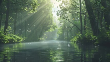 Obraz premium Tranquil River in Lush Forest. Nature's Serenity concept