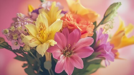 Beautiful, vivid, colorful mixed flower bouquet still life detail