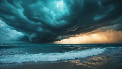 A mesmerizing clash of stormy clouds and vibrant sunset light over a turbulent ocean, capturing nature's raw power blending serenity with impending chaos and awe.