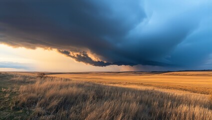 Obraz premium As the Sun Sets, Dark Clouds Gather, Painting a Hauntingly Beautiful Landscape of Golden Fields Under a Tumultuous Sky, Capturing Nature's Breathtaking Power and Tranquility