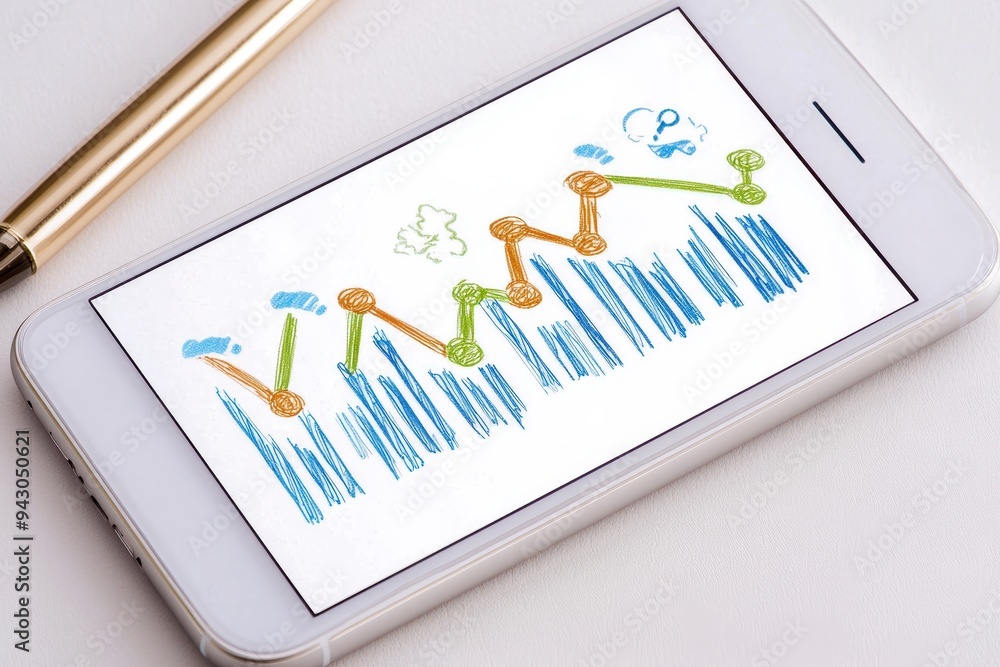 Poster a smartphone displaying a colorful trend chart, symbolizing data analysis and digital innovation in 