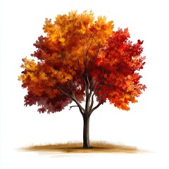 Fototapeta premium Vibrant Autumn Tree with Red and Orange Leaves, Illustration of a solitary tree in full autumn bloom, showcasing vibrant red and orange leaves against a clean white background.