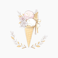 Floral ice cream cone illustration