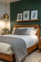 Minimalist bedroom with dark green accent wall, wooden bed frame, and cozy decor