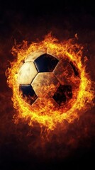 Fototapeta premium Flaming soccer ball on dark background capturing motion energy