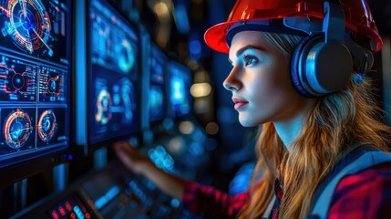 Obraz premium Focused female engineer wearing a helmet and headphones, analyzing data on high-tech screens in a modern workspace.