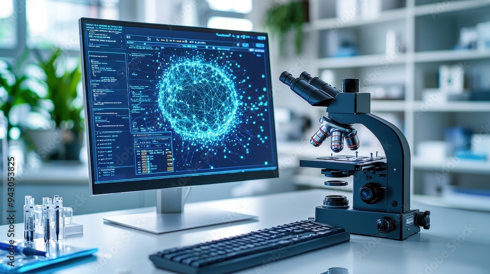 Poster a modern laboratory setup featuring a microscope and computer displaying scientific data and molecul