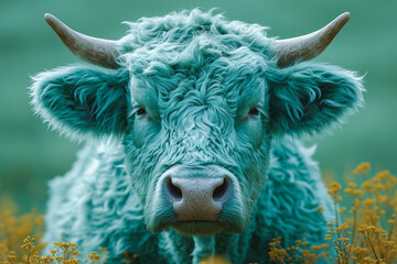 Teal-furred bull in a mystical green meadow. Generative AI image