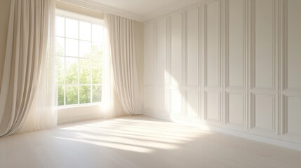 A large, empty room with a large window and white walls. The room is very bright and airy, with a lot of natural light coming in through the window. The curtains are white