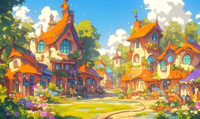 Obraz premium Enchanting Fairy Town: Whimsical Cartoon Illustration of Cozy Neighborhood for Storybook Marketing. AI-Generated Artistic Scene with Charming Streets and Magical Atmosphere. Perfect for Children's Boo