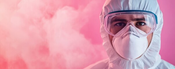 Lab technician wearing a protective suit and safety goggles handling chemicals under a fume hood, highlighting lab safety protocols and hazard management.
