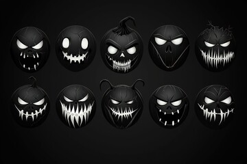 Naklejka premium Halloween face icons with creepy smiles and glowing eyes in a black and white vector set.