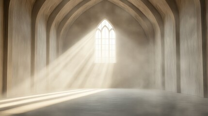Obraz premium A large, empty room with a window that lets in light. The room is filled with smoke, giving it a mysterious and eerie atmosphere