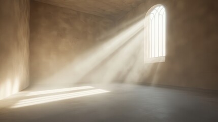 A room with a window and sunlight shining through it. The room is empty and the light is coming in from the window