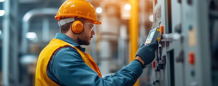Worker using a noise meter to measure sound levels in a factory, hearing protection, industrial safety, noise hazard control