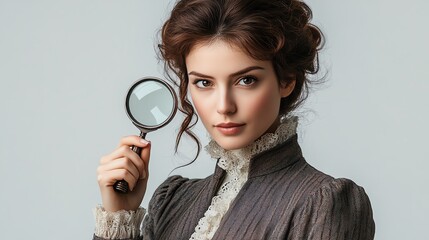 A young woman with a serious expression holds a magnifying glass. She is dressed in a vintage style outfit.